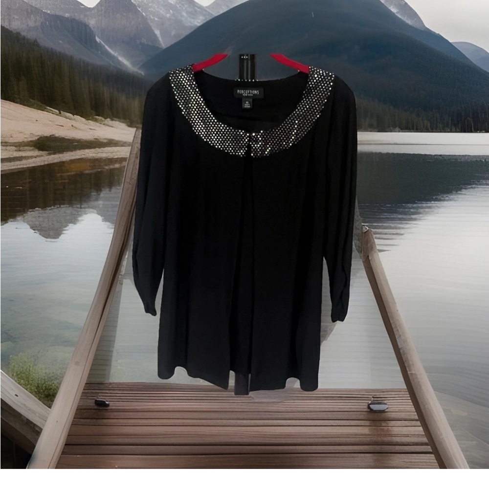 Perceptions Jacket Womens 16p Black Slinky Open Front 3/4 Ruched sleeves Dressy